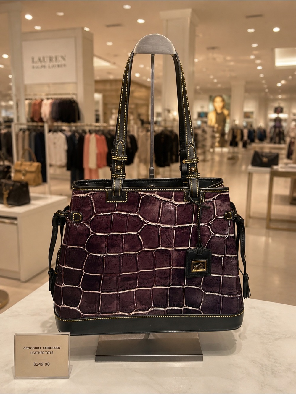 Dooney and Bourke Crocodile-Embossed Leather Tote in Deep Plum